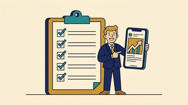 Cartoon: a coach beside a ticked checklist pointing at an ad on a phone