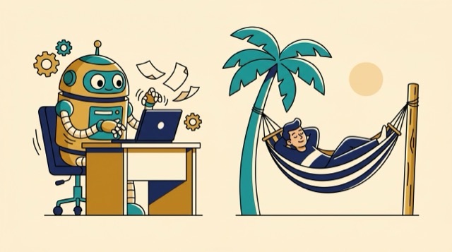 Cartoon: a robot working at a laptop while a person relaxes in a hammock