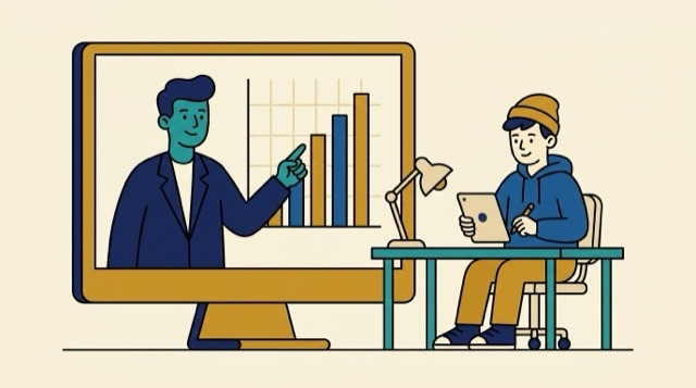 Cartoon: a coach on a video call guiding a student at a desk