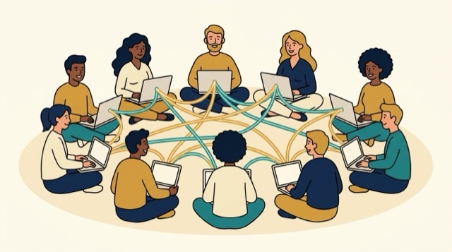 Cartoon: a connected circle of people working on laptops