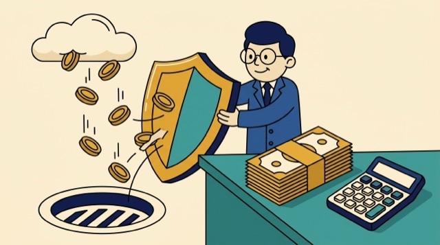 Cartoon: an accountant holding a shield that stops coins falling down a drain