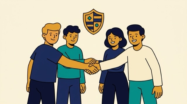 Cartoon: a team giving a supportive handshake under a shield emblem