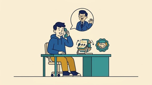 Cartoon: a person on the phone with a friendly affiliate manager beside a rolodex of contacts