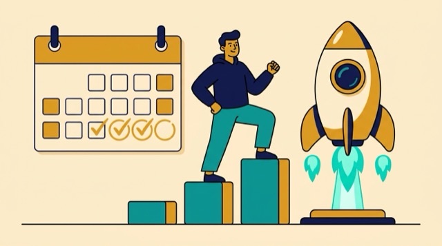 Cartoon: a person climbing steps beside a calendar toward a launching rocket