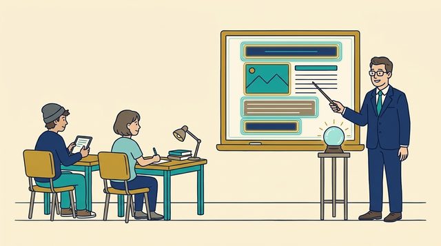 Cartoon: a presenter breaking down an ad on a big screen while two students take notes