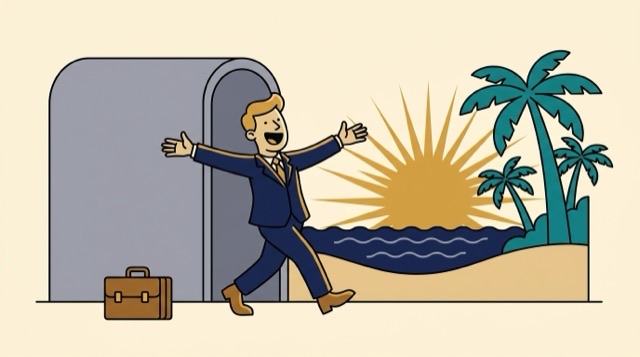 Cartoon: a person walking out of an office doorway toward a sunny beach