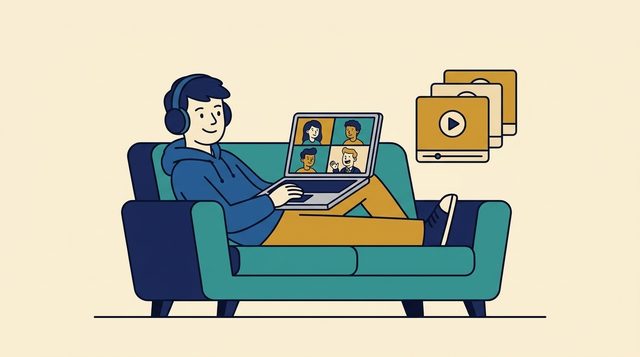 Cartoon: a person on a sofa with headphones watching a recorded group call on a laptop