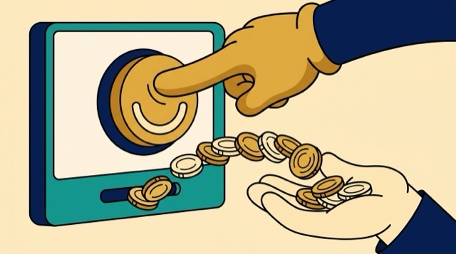 Cartoon: a finger pressing a big button while coins flow back into an open hand