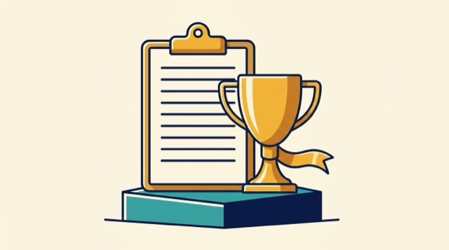 Cartoon: a shortlist clipboard on a pedestal beside a gold trophy